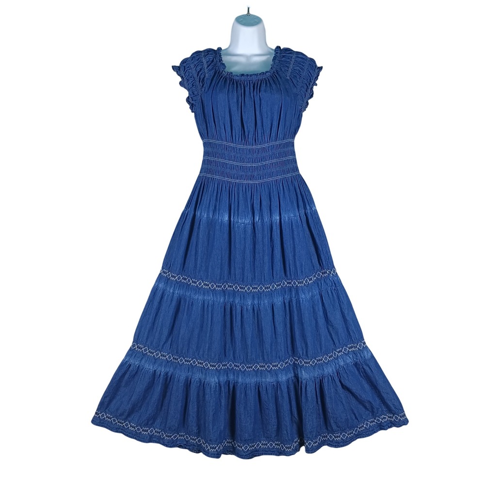 Chambray Denim Maxi Dress Size PXL Blue Smocked Tiered Boho Cottage Cowgirl Boho